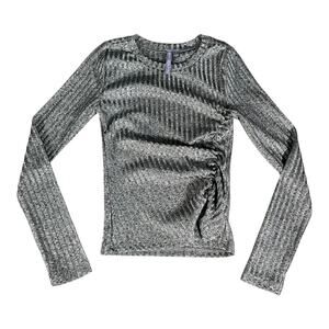 Good Luck Girl Silver Metallic Ribbed Long Sleeve Ruched Side Top Size Small